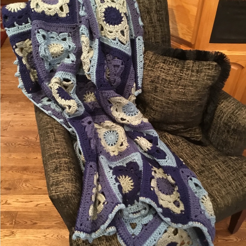 Hand Crafted Blue Floral Afghan